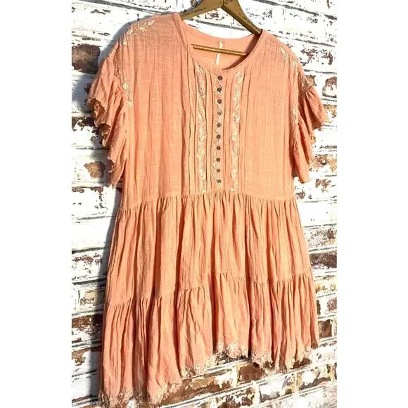 Free People Embroidered Santiago Flowing Cotton Babydoll Dress w Pockets
